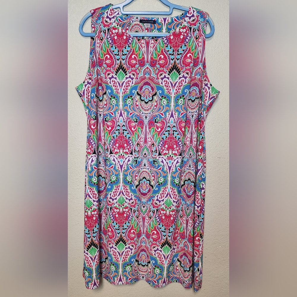 TOMMY HILFIGER Womens Pink Paisley Jewel Neck Below The Knee Shift Dress Size 16